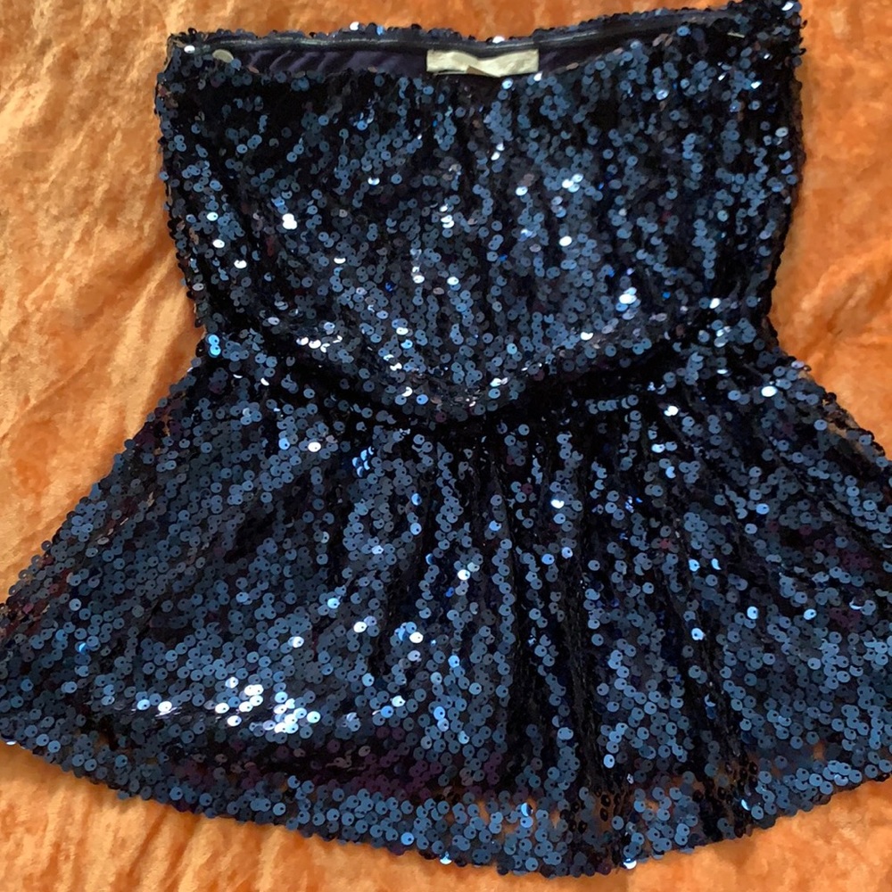 Boston Proper Navy Strapless Sequin Top Size S